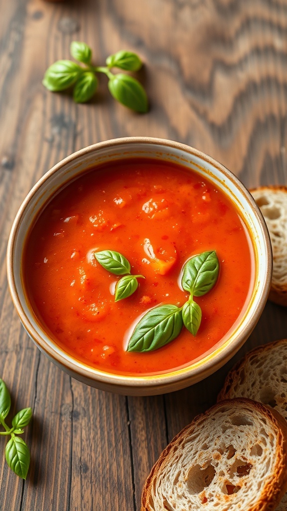 A bowl of classic tomato soup garnished with basil, served with crusty bread on a wooden table.